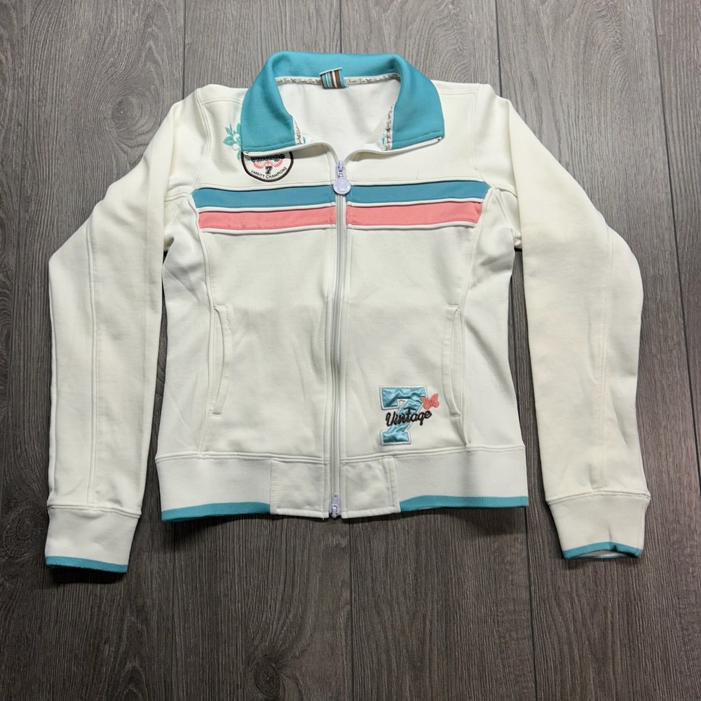 Double Zero Women Y2K Track Jacket Medium Cream Teal Pink Varsity Zip Up Vtg
